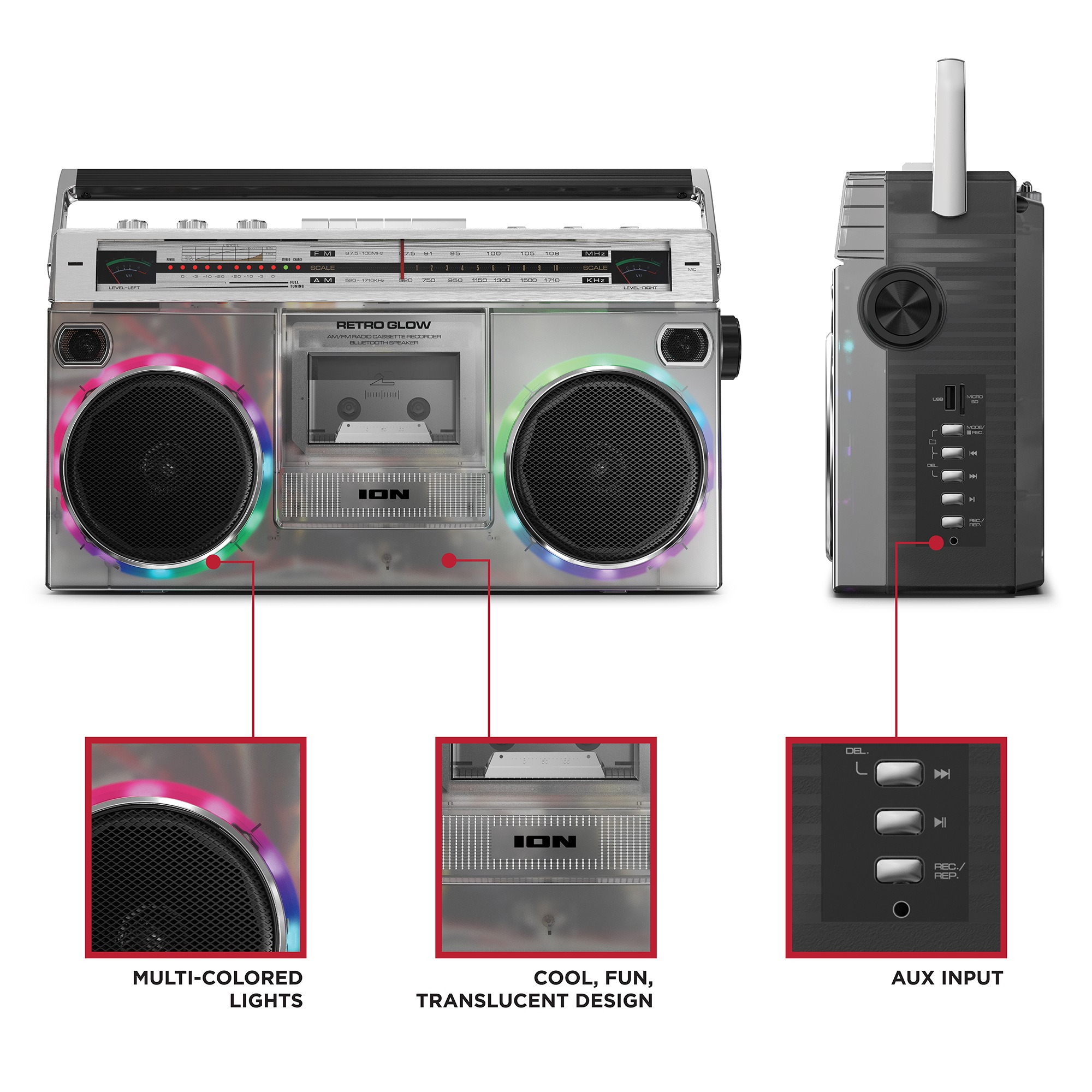 邦楽 Go Retro / Blinking Lights Retro Boombox Speaker | Retro Glow™ | ION Audio
